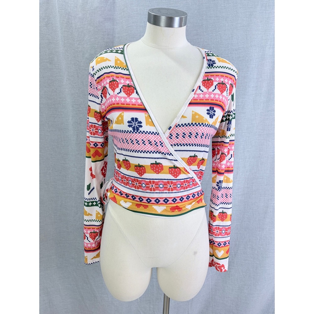 Lisa Says Gah Strawberry Hearts Pixel Print Cropped Wrap Top Cardigan S